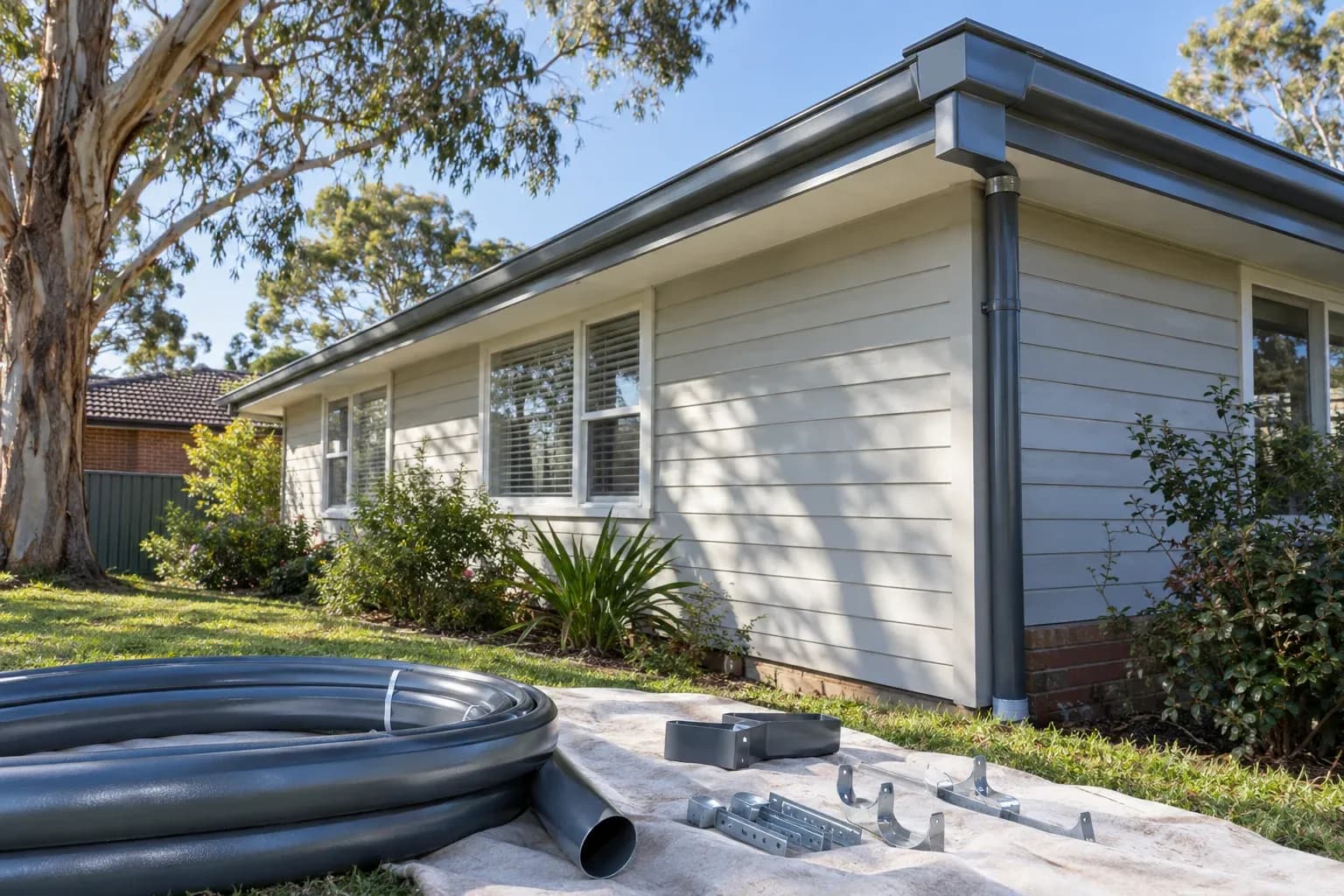 Illustrative image: A freshly installed length of colorbond gutter runs along the fascia of a single-storey weatherboard home in B
