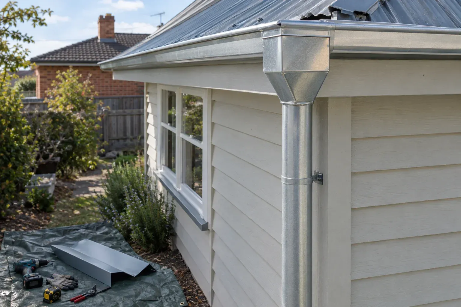 Illustrative image: Close-up of a section of box gutter on a period weatherboard home in Geelong West, newly relined with bright m